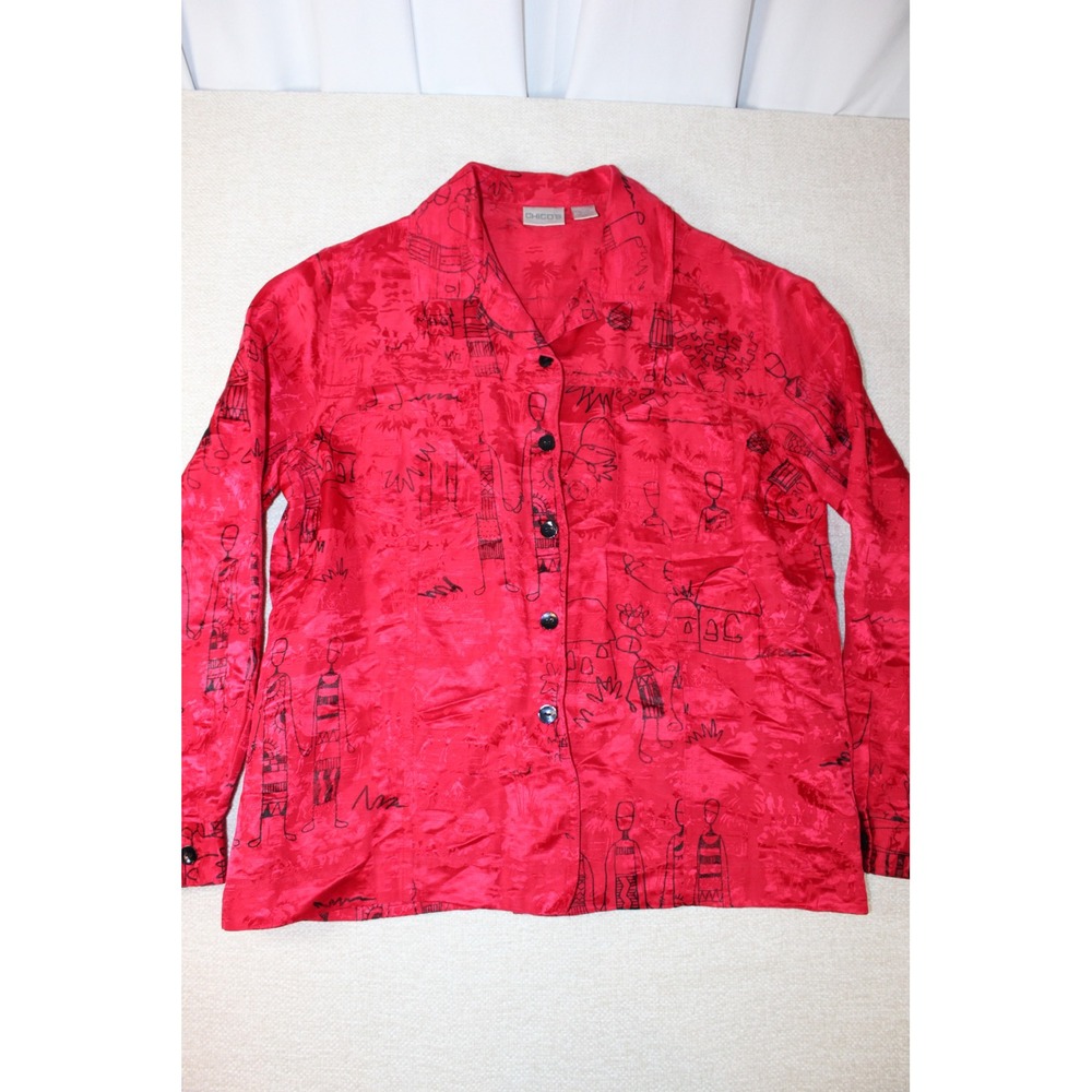 Chicos Silk Linen Shirt Size 1 M Red Village Folk Art Button Down Shacket Blouse